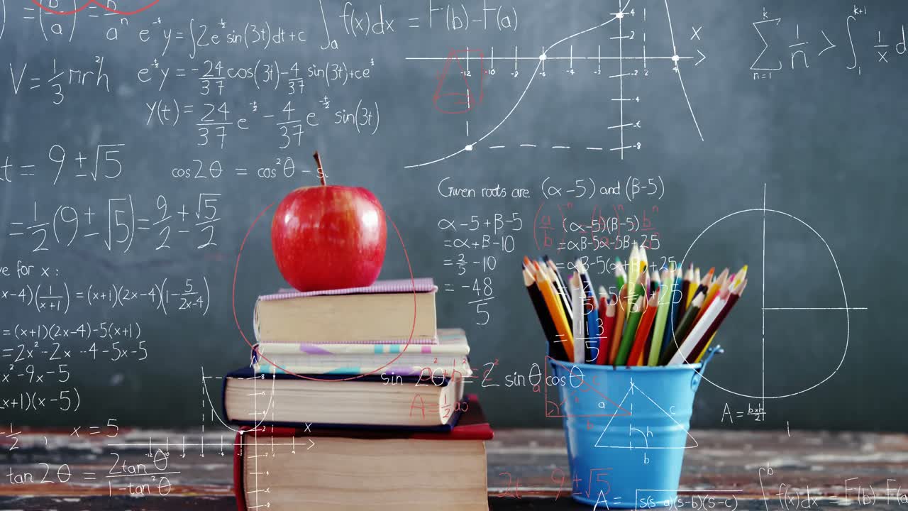 Mathematical equations floating against apple on stack of books and pencil stand