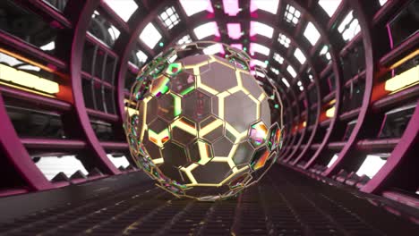 futuristic sci-fi tunnel with glowing hexagonal sphere