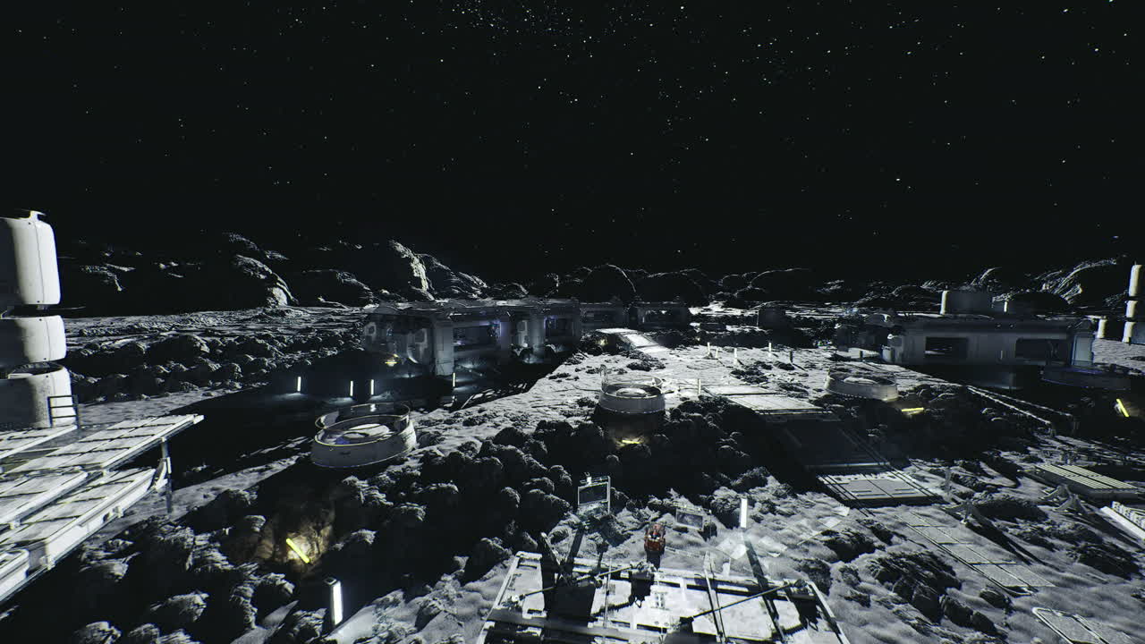 Futuristic moon habitat with starry sky and space activity visible