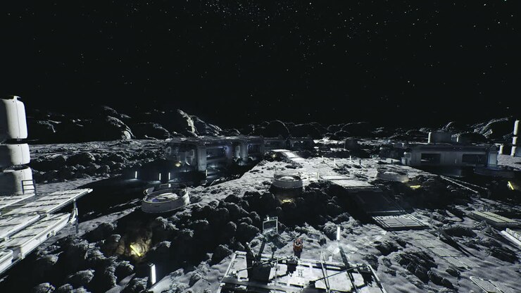 Futuristic moon habitat with starry sky and space activity visible