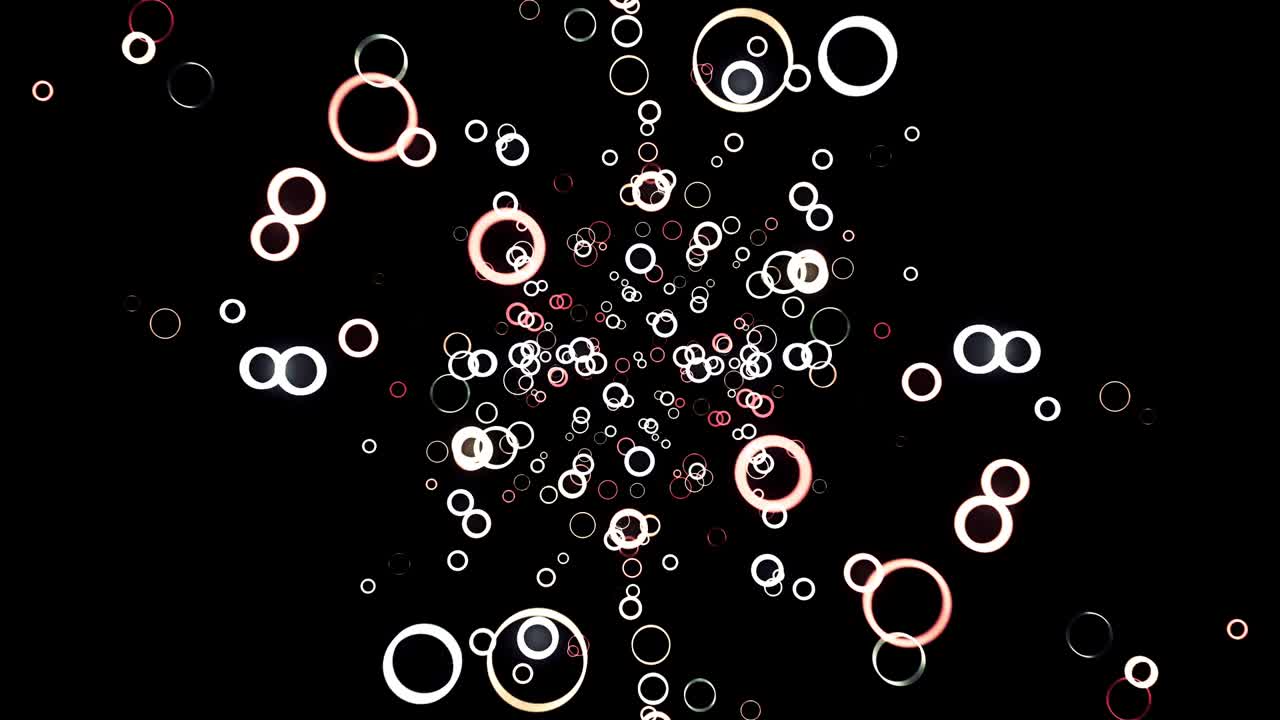 Abstract background with animation of flying circles on black background, seamless loop. Animation. Colorful rings of red and white colors in 3d motion