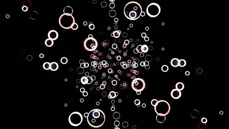 abstract background with animation of flying circles on black background, seamless loop. animation. colorful rings of red and white colors in 3d motion
