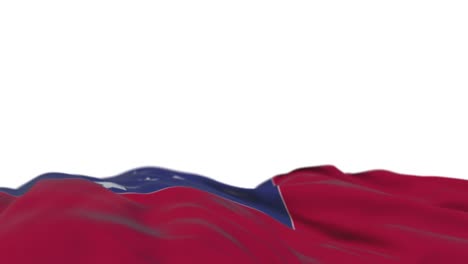 bandera de tela de samoa ondeando en el bucle del viento. estandarte de tela cosida de bordado de samoa balanceándose en la brisa. fondo blanco medio lleno. lugar para el texto. bucle de 20 segundos.