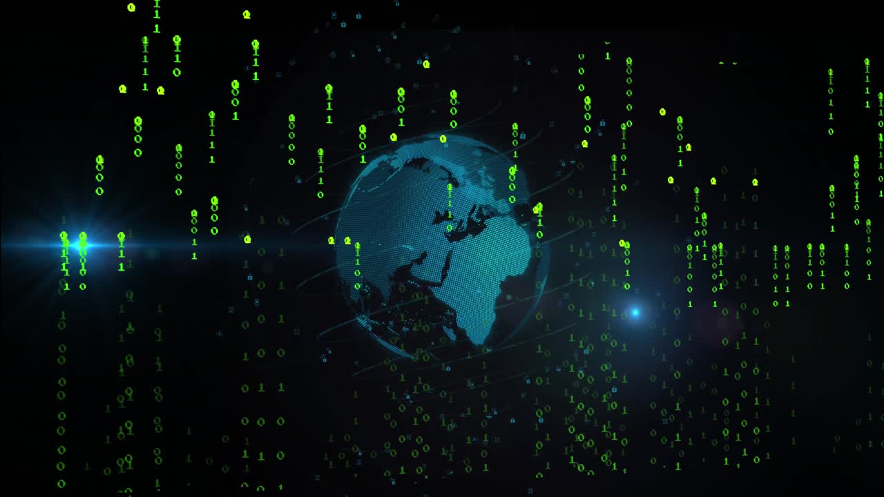 Animation of falling binary codes with circular pattern and lens flares around rotating globe