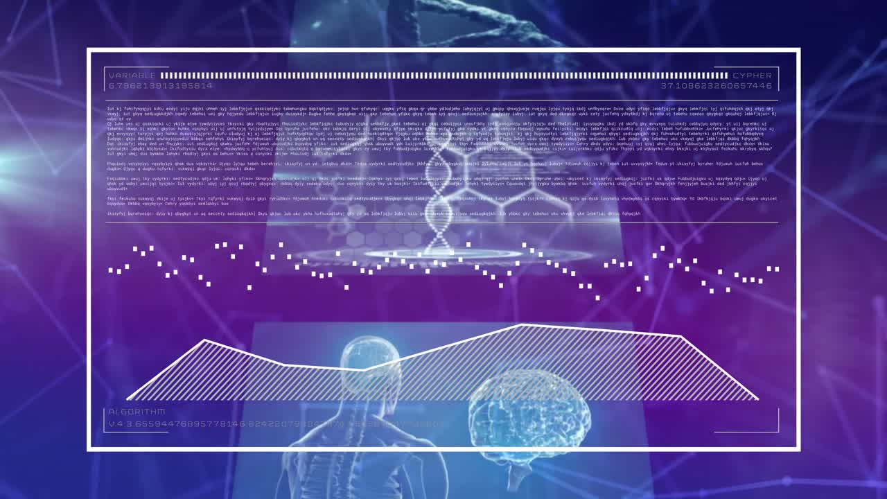 animación del procesamiento de datos científicos y el cerebro humano sobre pantallas