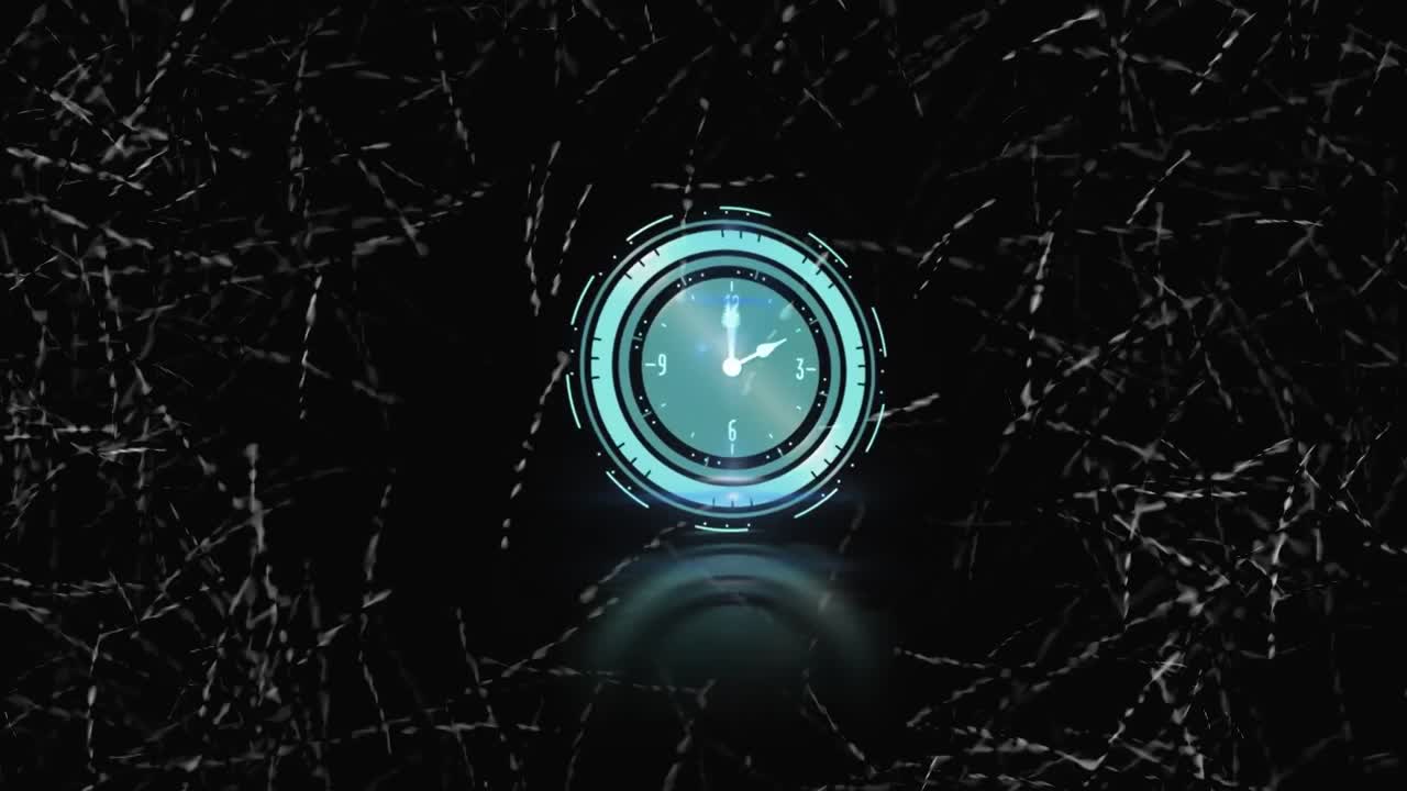 Animation of clock with rotating hands over monochrome grass background
