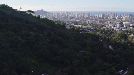 pan right shot of the city of honolulu hawaii on the island of oahu with a lush green shaded hillside in the foreground and the tall buildings of the metropolis against the ocean late afternoon