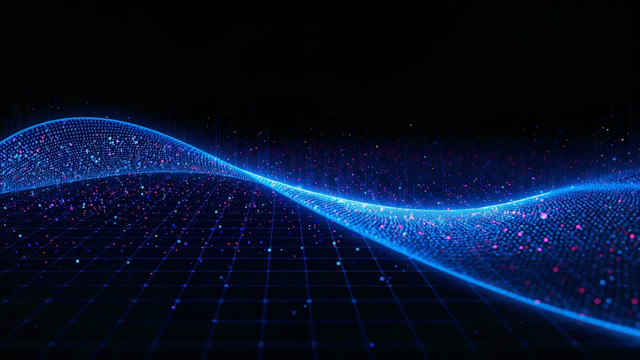 Gliding neon blue ribbon rippling from left, moving forward over dark grid, revealing particles