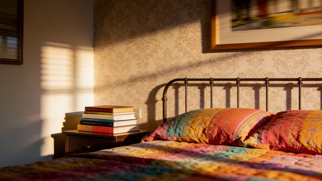La luce del sole si sposta, illuminando un letto in metallo con una trapunta patchwork in camera da letto, mentre le tende proiettano strisce.