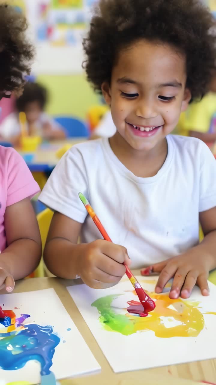 Smiling afro male children joyfully painting using vibrant colors, in kindergarten.