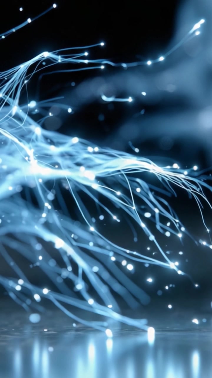Illuminated Ethereal Tendrils: A Captivating Display of Blue Particles and Light Flowing Elegantly Through a Darkened Space, Creating a Serene Atmosphere