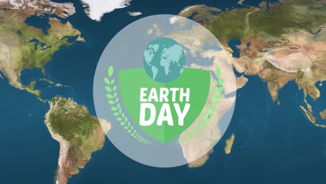 animation of earth day text and green globe logo over world map