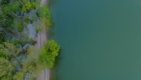 clean azure water riverside at countryside aerial top down view with green trees at side