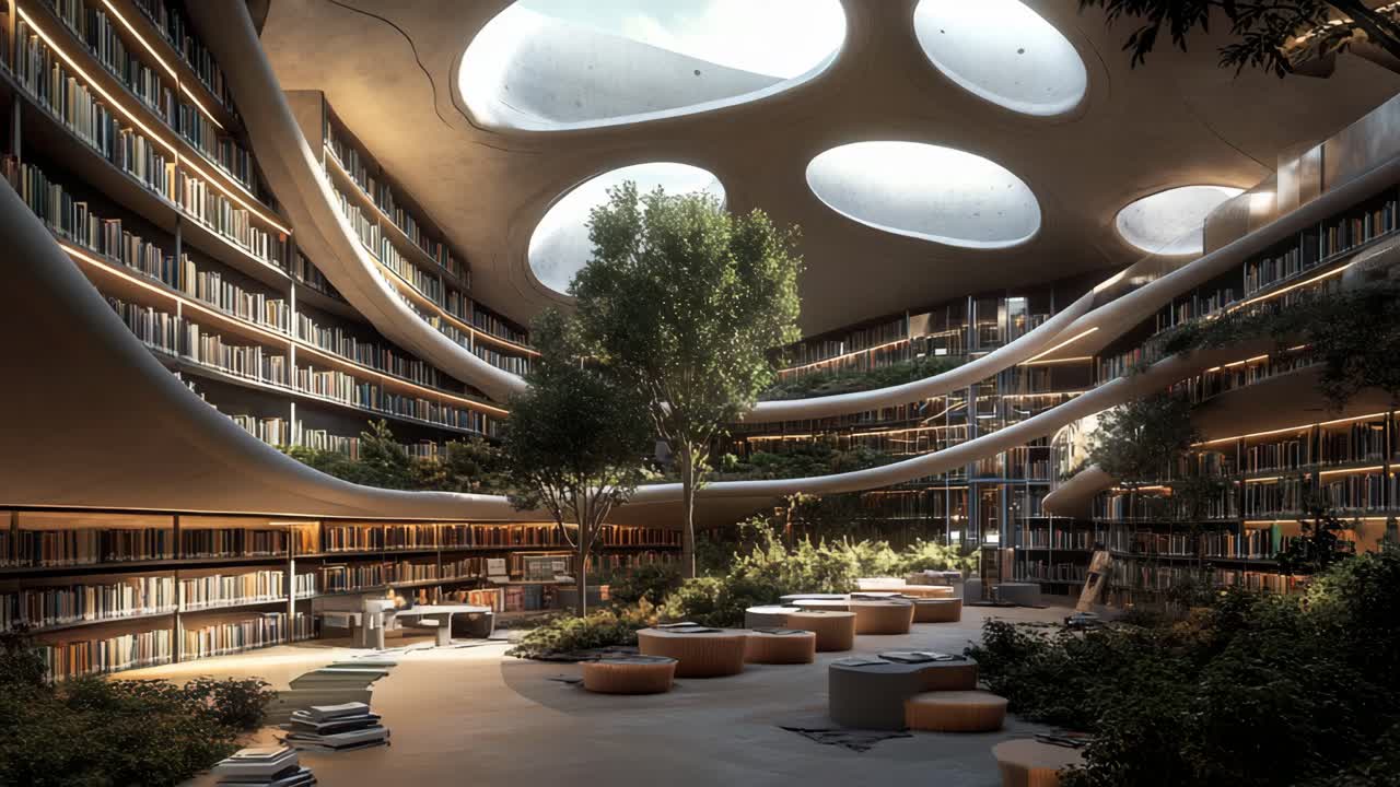 Design d'interni di una biblioteca verde moderna
