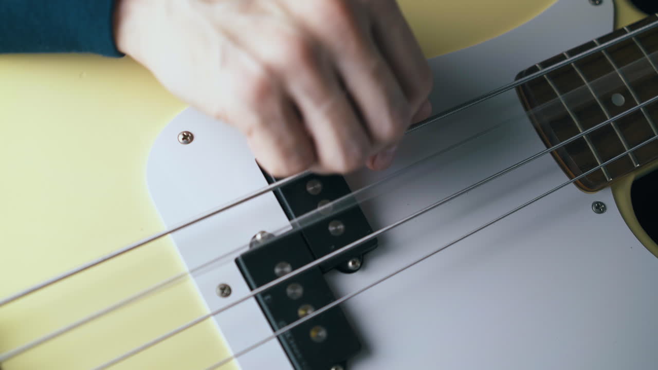 músico experto toca grandes cuerdas metálicas de la guitarra bajo