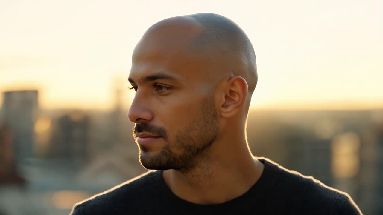 사진작가가 남성 모델을 지휘하고 해가 지는 지붕에서 사진 촬영을 하며 스타일리시한 도시 패션 순간을 포착하고 있습니다.