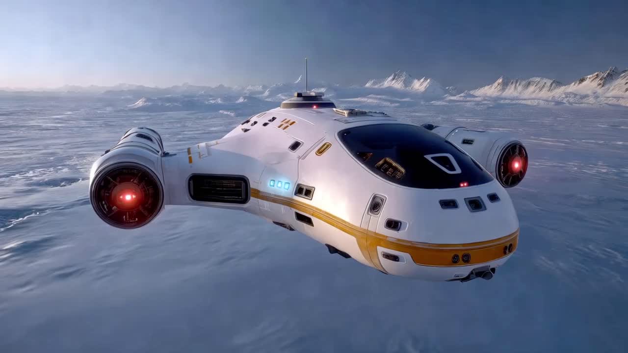 Futuristic Spaceship Over Snowy Antarctica