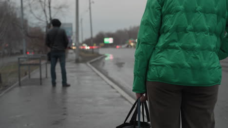 vista cercana de dos hombres de pie junto a la carretera, uno está usando un suéter verde y sosteniendo una bolsa, mientras que el otro está en un suéter negro