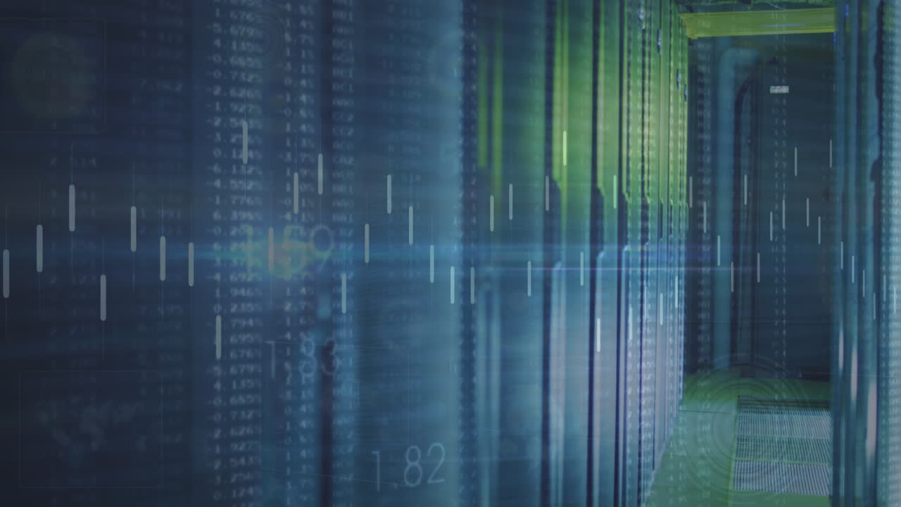 animación del procesamiento de datos frente a una sala de servidores de computadora vacía