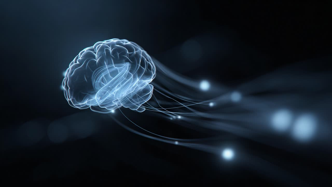Luminous jellyfish like brain floating through a dark. Abstract space. With neural pathways transmitting glowing signals of digital information. Representing artificial intelligence and consciousness