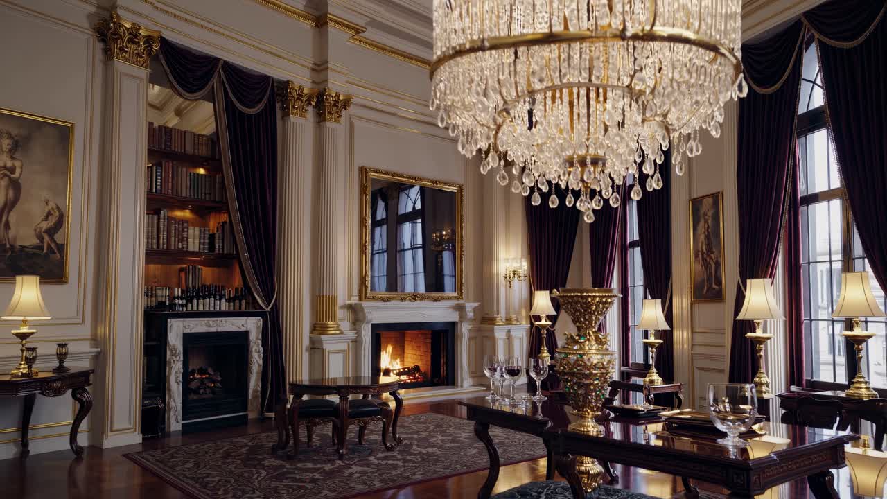 Luxurious classic interior with opulent chandelier, fireplace, and rich drapery