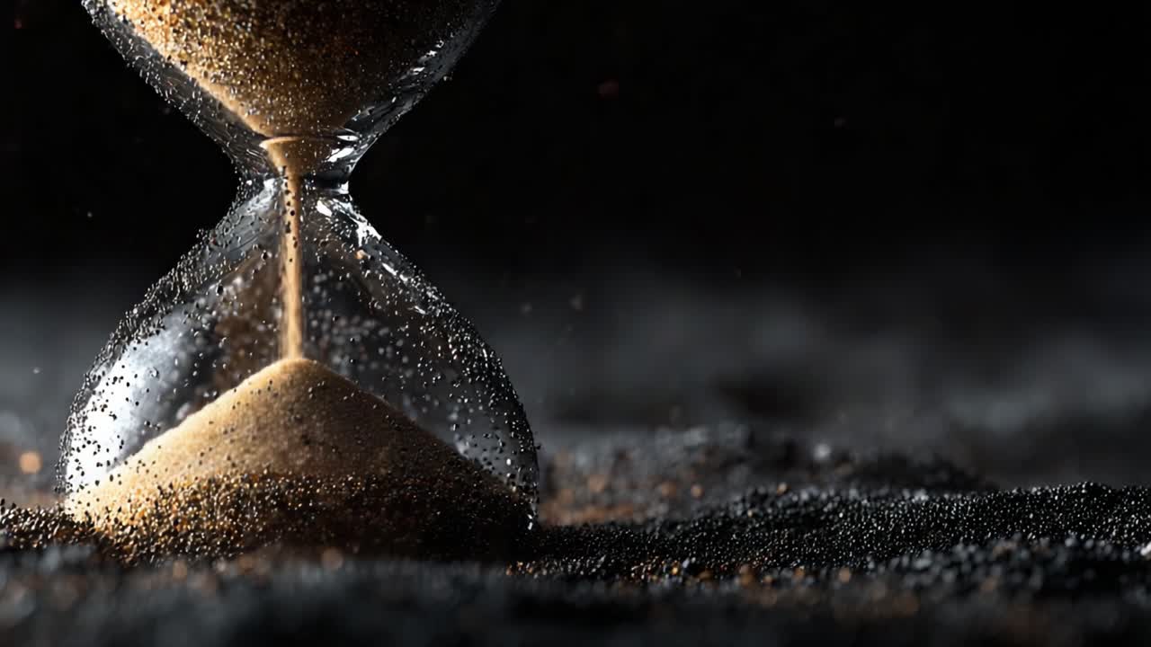 Un primo piano accattivante di una clessidra che dimostra il flusso del tempo mentre la sabbia fine scorre attraverso il vetro, ambientata su uno sfondo scuro per un effetto drammatico.