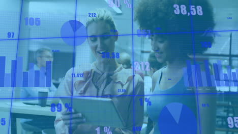animation of changing numbers, graphs, diverse female coworkers discussing reports on digital tablet