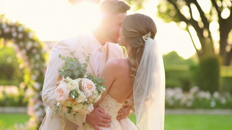 Romantic wedding video scene, side angle captures couple's joyful embrace in garden