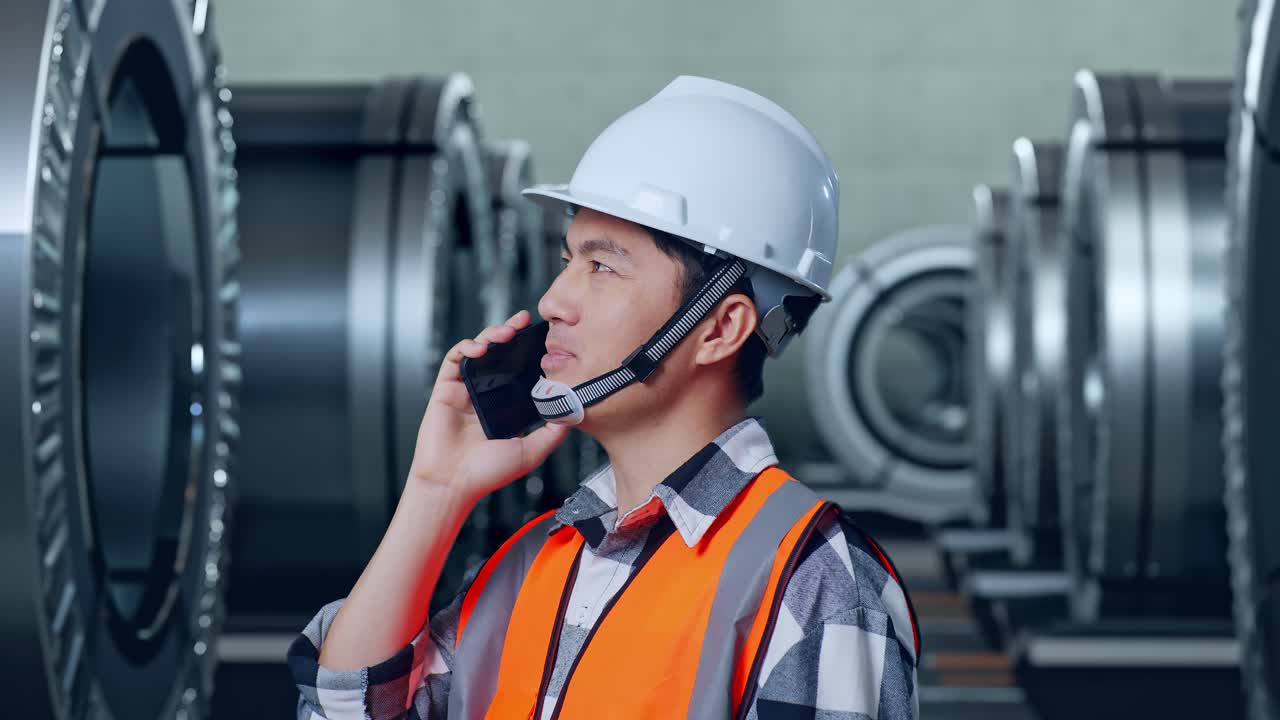 금속 공장에서 서서 스마트폰으로 대화하는 안전 헬을 입은 아시아 남성 엔지니어의 근접한 측면 시각