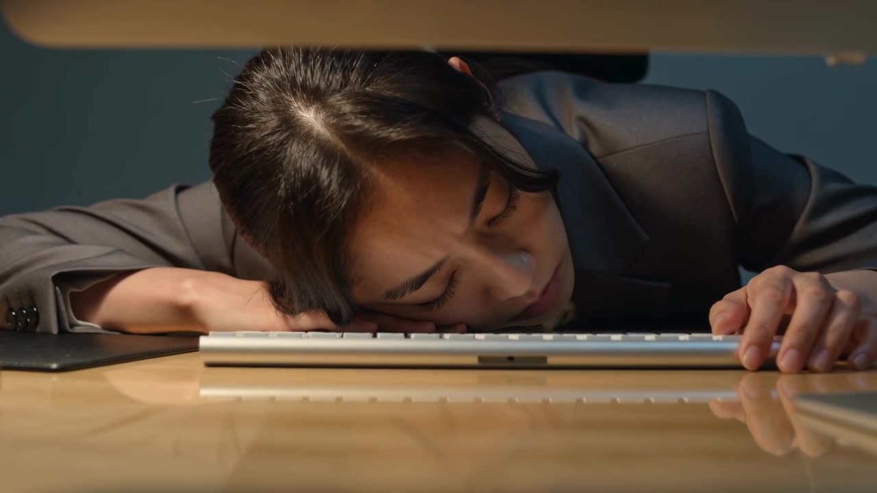 Pekerja kantor berjas abu-abu menundukkan kepala ke keyboard di meja karena mengetik, dengan monitor