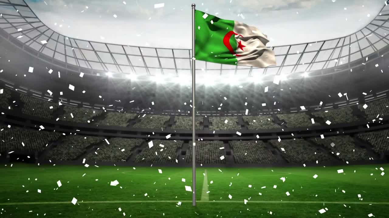 animación de confettig cayendo sobre la bandera de argelia y el estadio deportivo