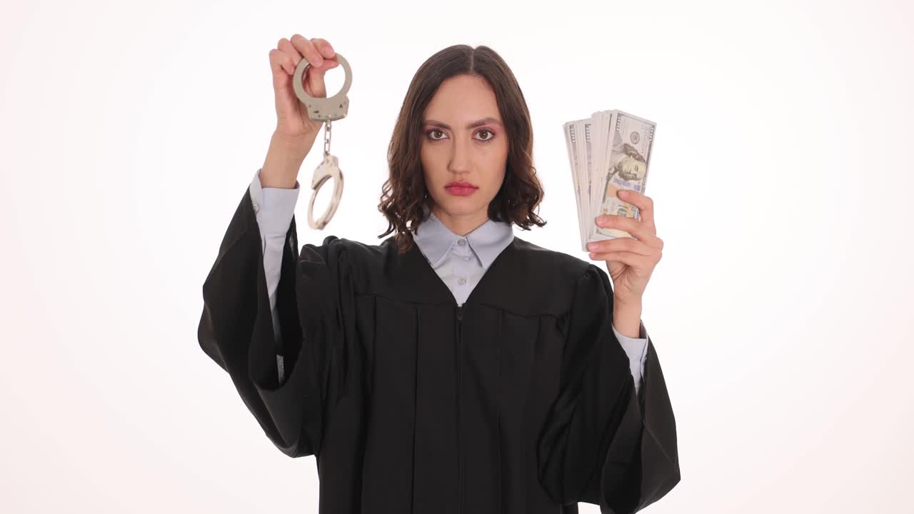 Corrupt Judge holding Money and Handcuffs