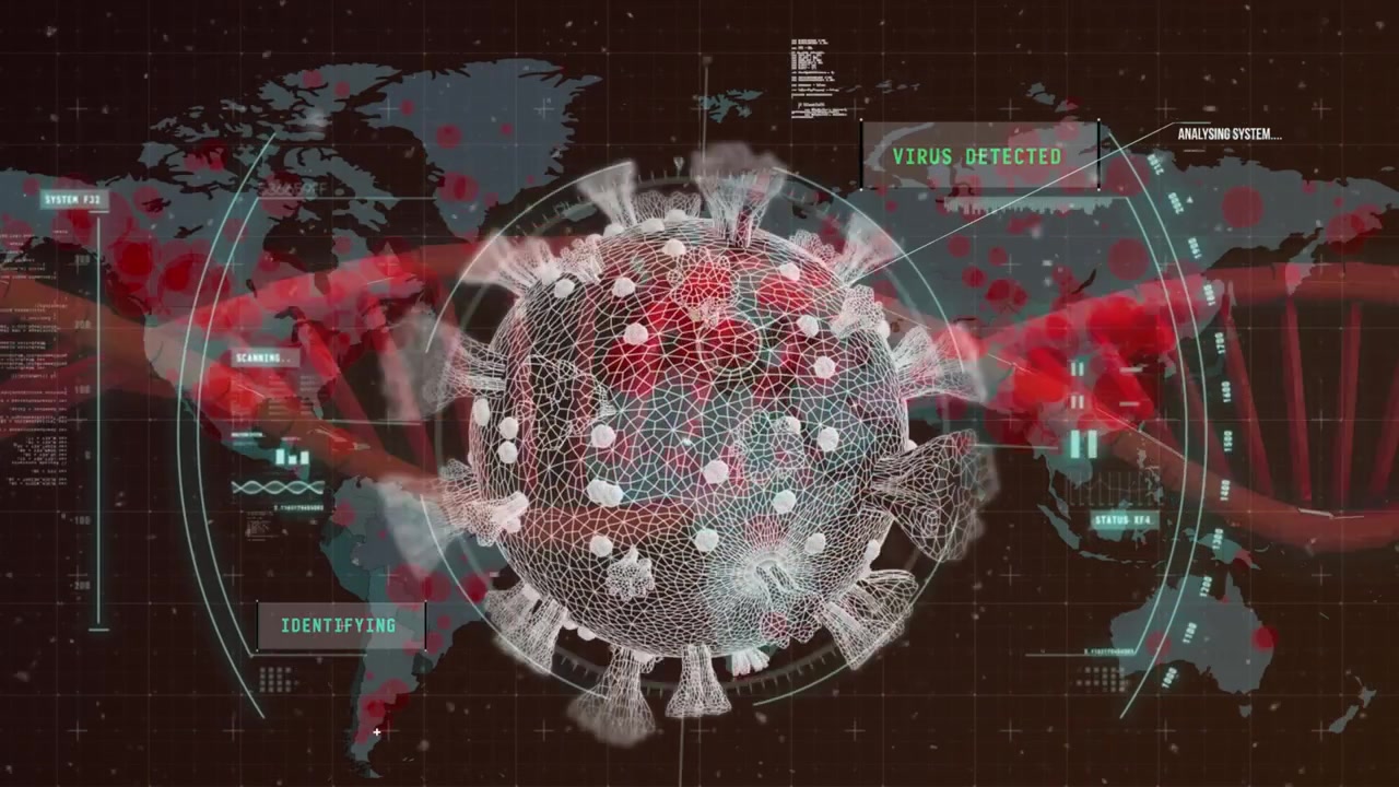 Animation of covid 19 cell dna strand spinning and data processing over world map