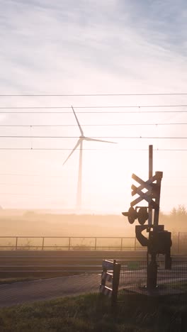 misty sunrise at a train crossing with wind turbine