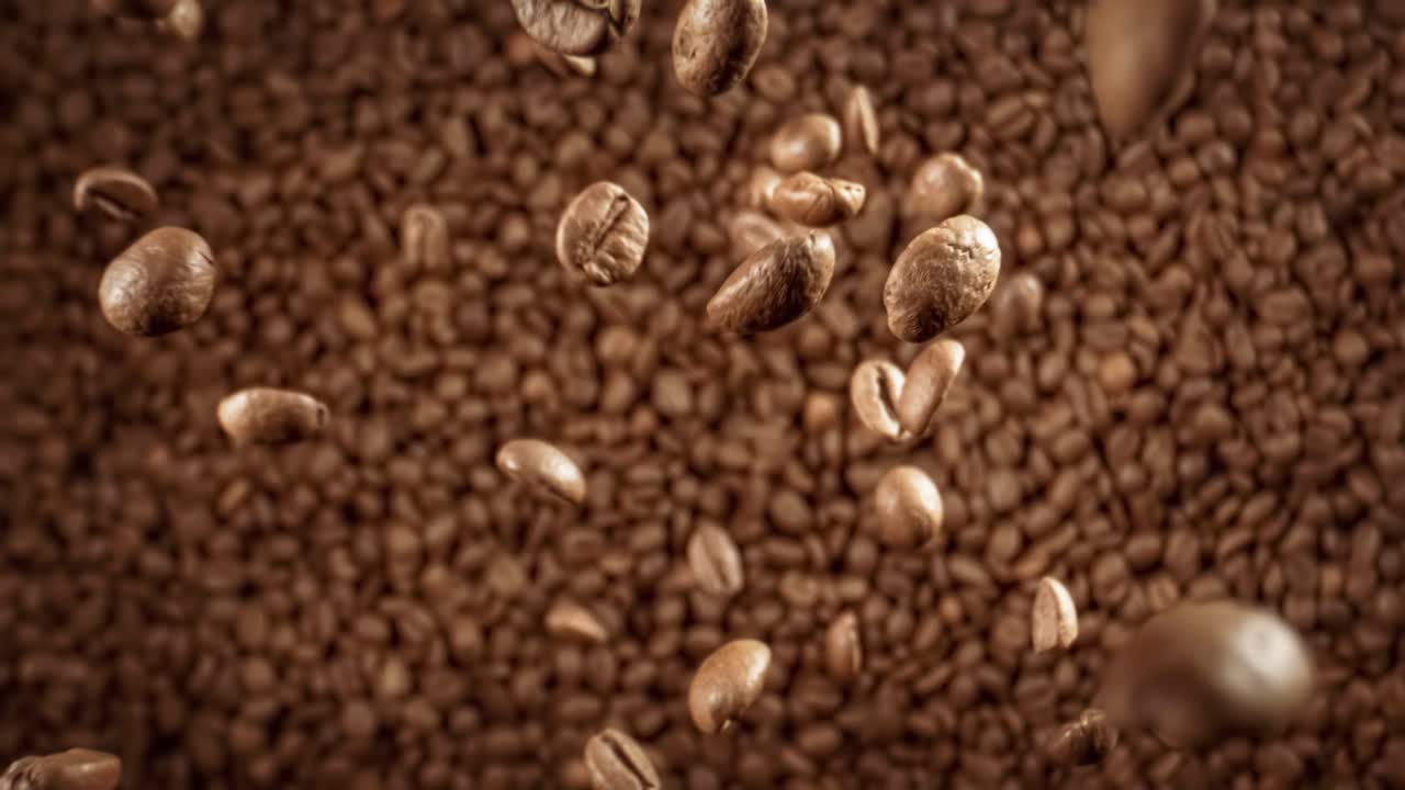커피 씨과 향기로운 커피 콩을 슈퍼 스로우 모션 카메라로 촬영한 사진입니다.