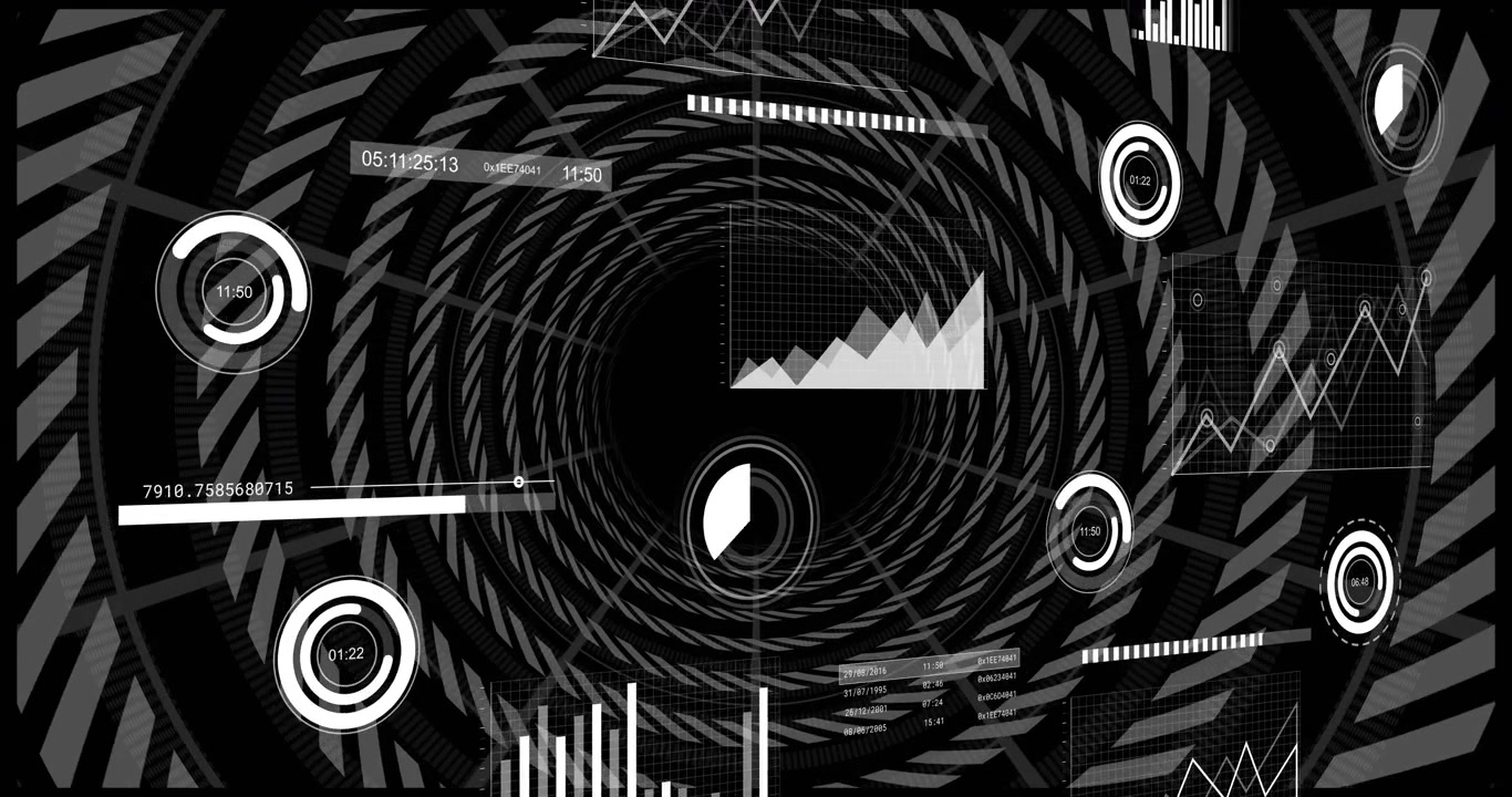 spiral tunnel emerging starting HUD elements rotating updating timers graphs visualizing data
