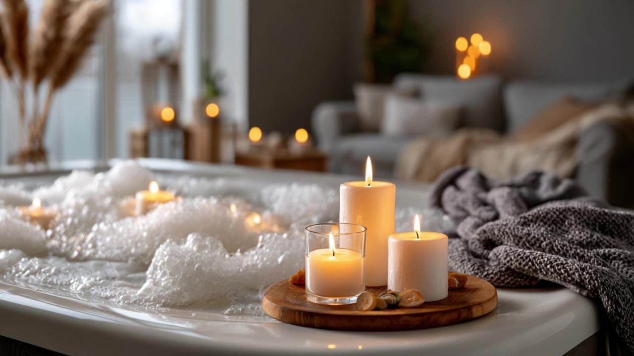 A Serene Home Spa Experience Featuring Relaxing Candles and Bubbles in a Cozy Setting with Soft Lighting for Ultimate Tranquility and Calmness