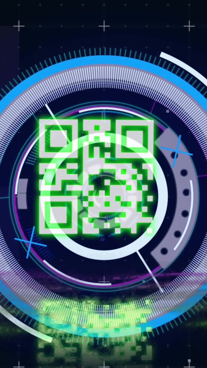 Animation of qr code over scope scanning and data processing on black background