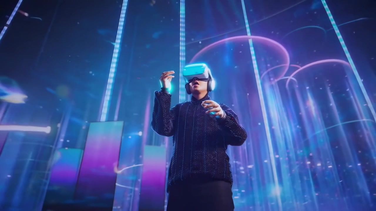 Orang Mengenakan Headset Realitas Virtual di Lingkungan Digital Futuristik