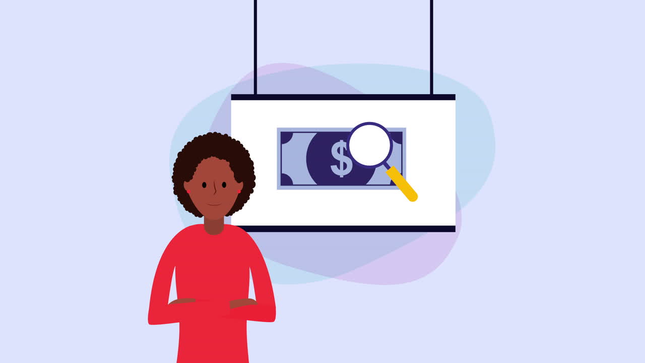 afro businesswoman with paperboard and money