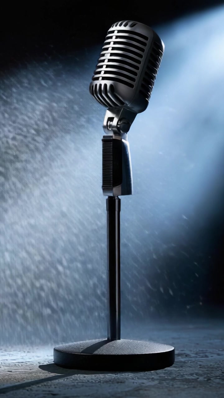 A Classic Vintage Microphone Captured in Dramatic Lighting, Perfectly Positioned on a Stand, Evoking a Sense of Nostalgia and Creativity in an Impressive Stage Background