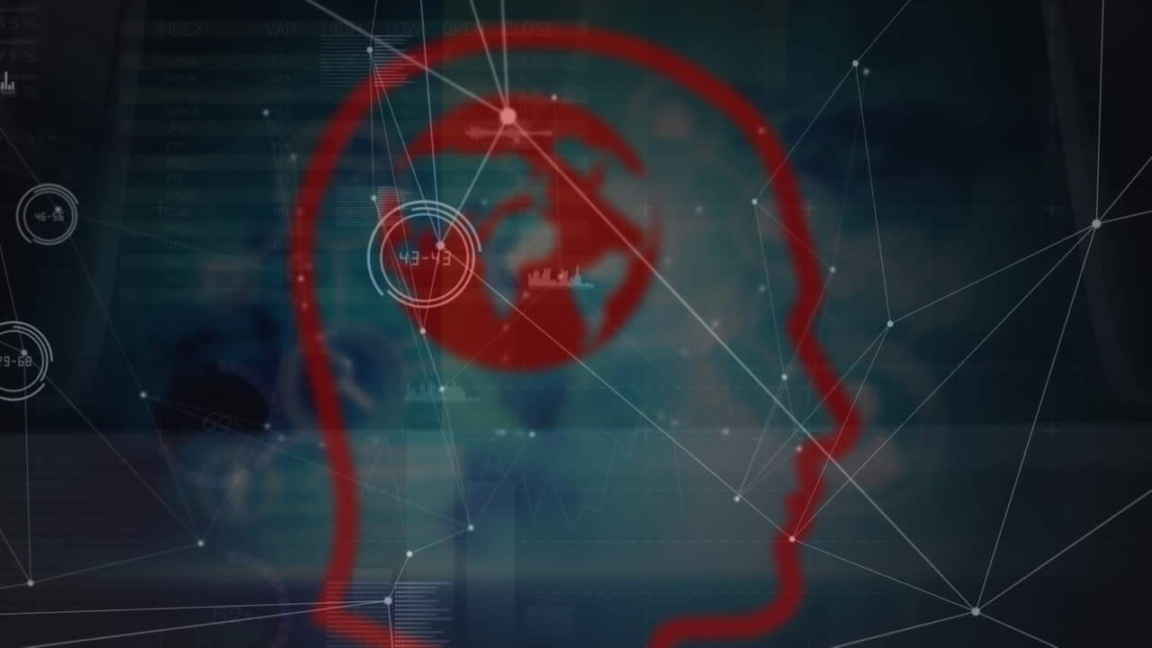 animación de conexiones, modelo de cerebro y cabeza humana en el espacio digital.
