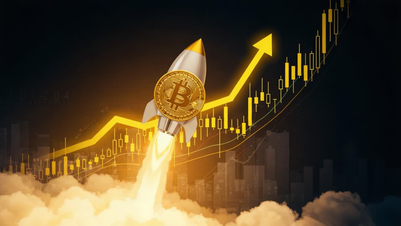 A Metaphoric Representation of Bitcoin's Surging Value: Rocket Launching Amidst Rising Graph Lines Symbolizing Growth and Market Momentum in Cryptocurrency