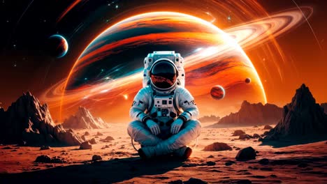 an astronaut meditates in a vibrant cosmic scene surrounded by planets and stars