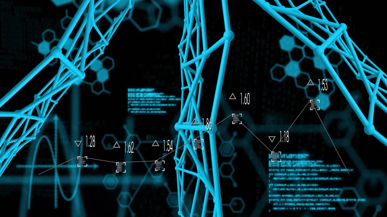 Animation of blue geometric structures with digital network and data points