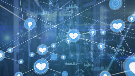 animation of network of connections with icons over servers