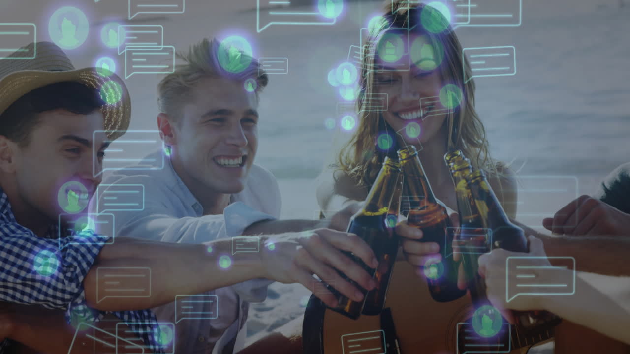 Clinking beer bottles, friends celebrating with social media notifications overlay animation