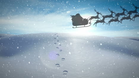 snow falling over santa claus in sleigh being pulled by reindeers against winter landscape