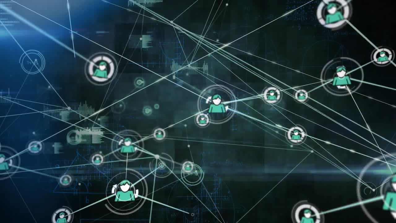 Animation of network of connections with icons and data processing over mathematical equations