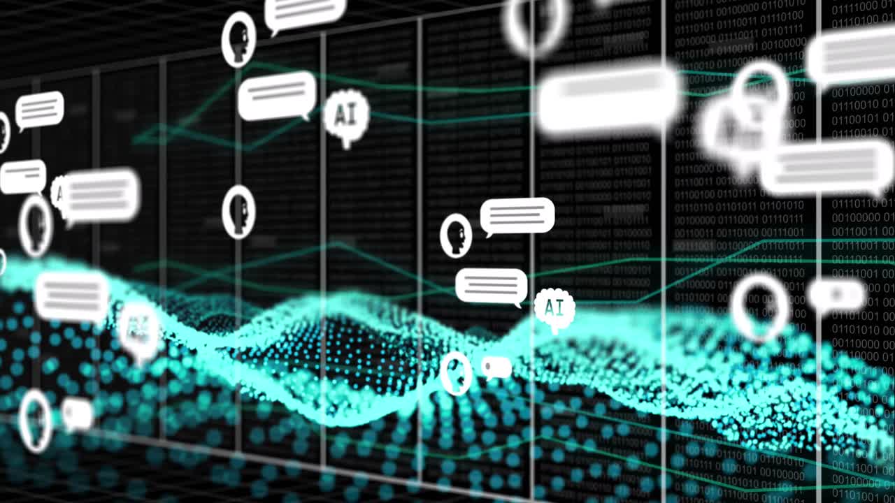 Animation of artificial intelligence icons and data processing over green mesh
